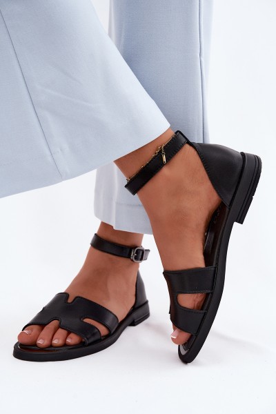 Women's Leather Sandals Flat Vinceza 62305 Black