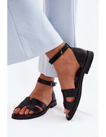 Women's Leather Sandals Flat Vinceza 62305 Black