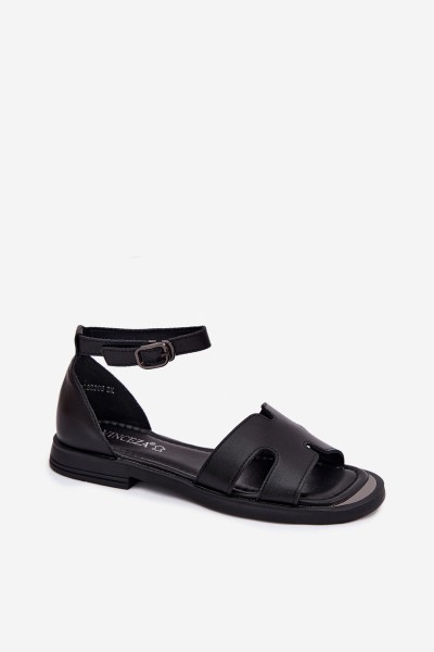 Women's Leather Sandals Flat Vinceza 62305 Black 2