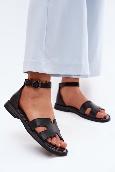 Women's Leather Sandals Flat Vinceza 62305 Black