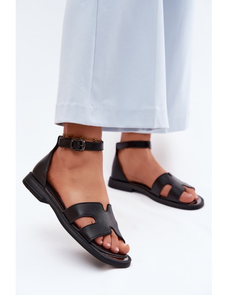 Women's Leather Sandals Flat Vinceza 62305 Black