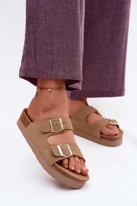 Leather Suede Women's Platform Sandals With Buckles Vinceza Beige