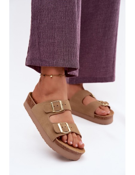 Leather Suede Women's Platform Sandals With Buckles Vinceza Beige