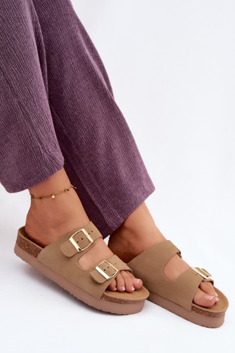 Leather Suede Women's Platform Sandals With Buckles Vinceza Beige