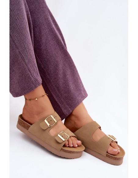 Leather Suede Women's Platform Sandals With Buckles Vinceza Beige