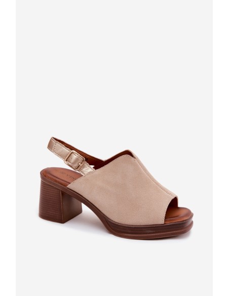 Leather Suede Heeled Block Shoes Vinceza Beige