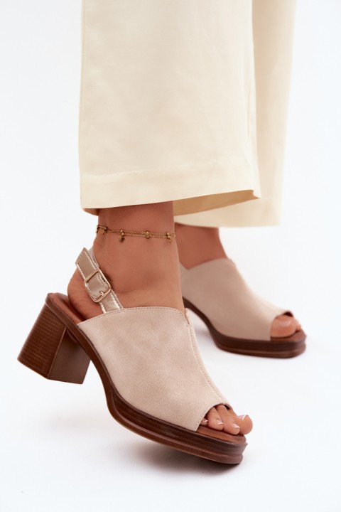 Leather Suede Heeled Block Shoes Vinceza Beige