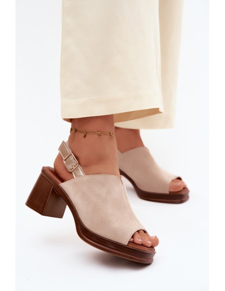 Leather Suede Heeled Block Shoes Vinceza Beige