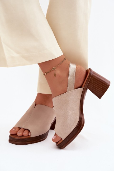 Leather Suede Heeled Block Shoes Vinceza Beige