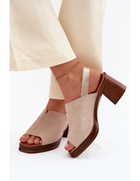 Leather Suede Heeled Block Shoes Vinceza Beige