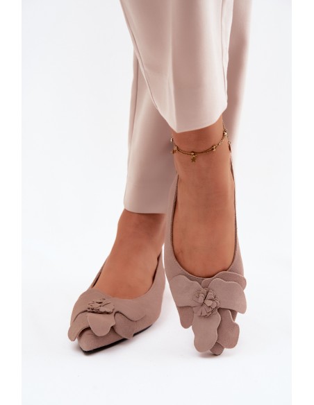 Leather Suede Sandals With Flat Heel Decorative Flower Vinceza Beige