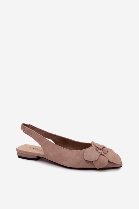 Leather Suede Sandals With Flat Heel Decorative Flower Vinceza Beige