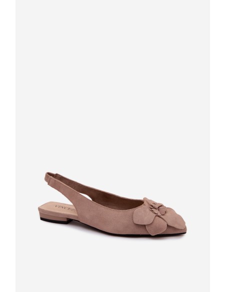 Leather Suede Sandals With Flat Heel Decorative Flower Vinceza Beige