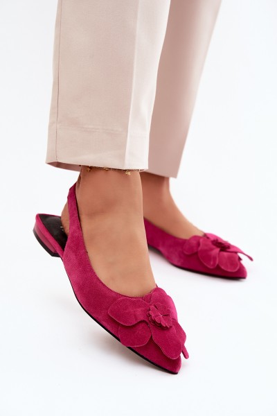 Leather Suede Sandals with Flat Heel and Decorative Flower Vinceza 66951 Fuchsia