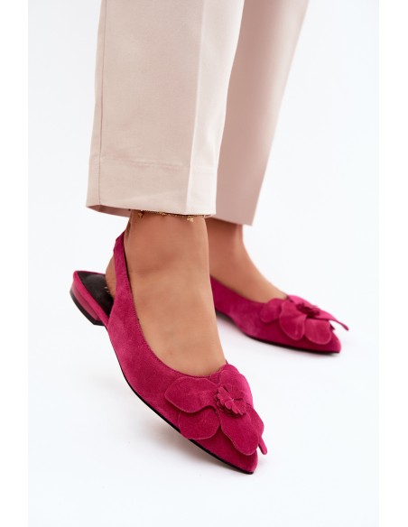 Leather Suede Sandals with Flat Heel and Decorative Flower Vinceza 66951 Fuchsia