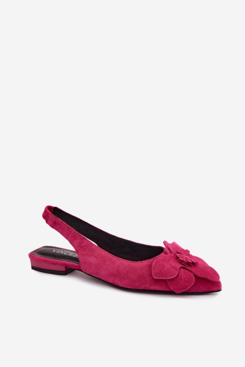 Leather Suede Sandals with Flat Heel and Decorative Flower Vinceza 66951 Fuchsia
