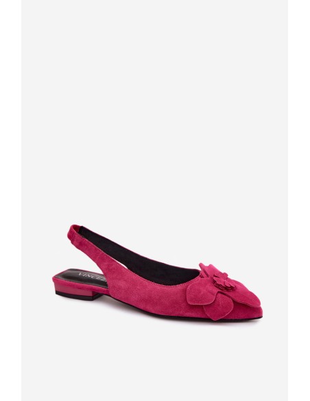Leather Suede Sandals with Flat Heel and Decorative Flower Vinceza 66951 Fuchsia