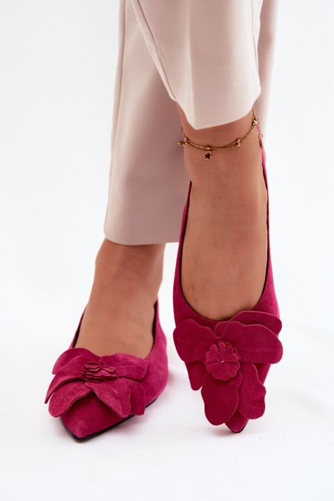 Leather Suede Sandals with Flat Heel and Decorative Flower Vinceza 66951 Fuchsia