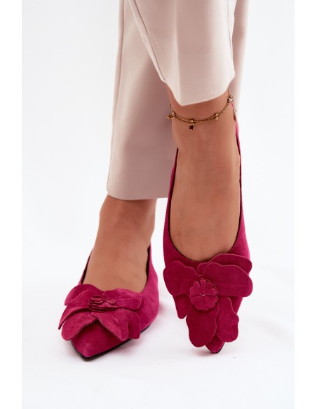 Leather Suede Sandals with Flat Heel and Decorative Flower Vinceza 66951 Fuchsia