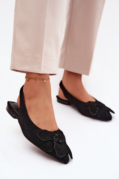 Leather Suede Flat Sandals with Decorative Flower Vinceza 66951 Black