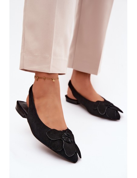Leather Suede Flat Sandals with Decorative Flower Vinceza 66951 Black