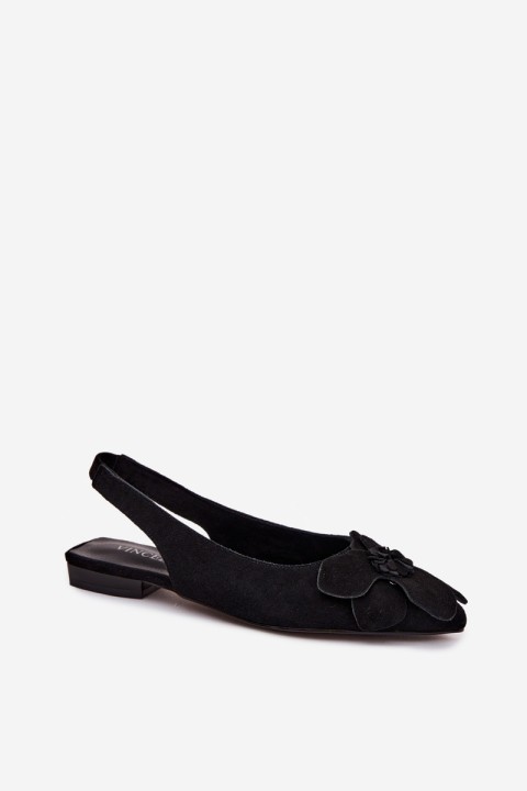 Leather Suede Flat Sandals with Decorative Flower Vinceza 66951 Black
