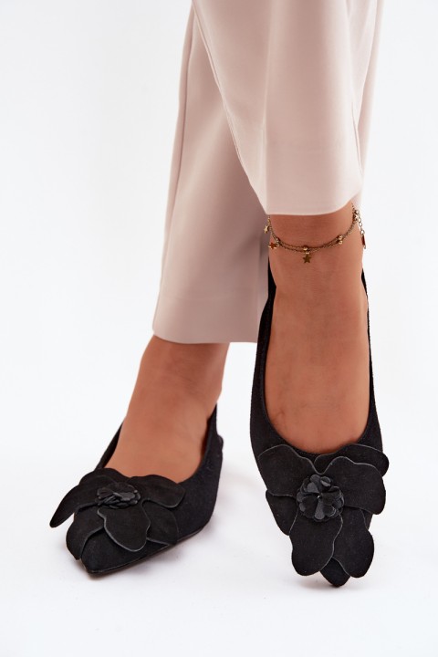 Leather Suede Flat Sandals with Decorative Flower Vinceza 66951 Black
