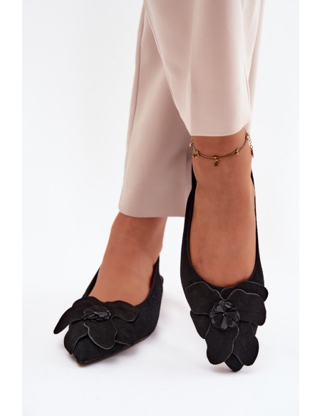 Leather Suede Flat Sandals with Decorative Flower Vinceza 66951 Black