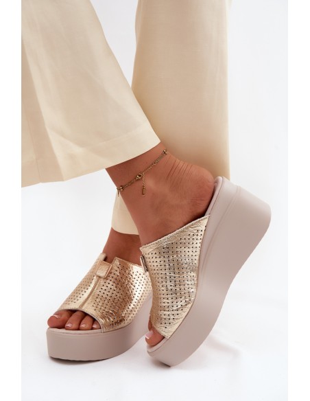 Women's Genuine Leather Platform Sandals Vinceza 95392 Gold