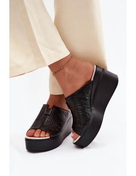 Women's Natural Leather Platform Sandals Vinceza 95392 Black