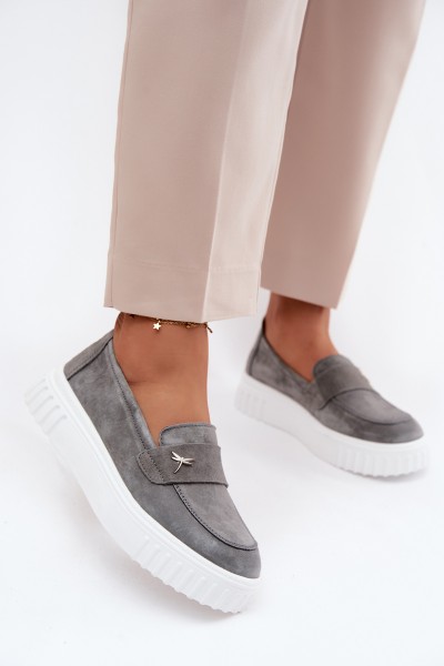 Leather Suede Women's Platform Loafers Slip-On Vinceza 93218 Dark Gray