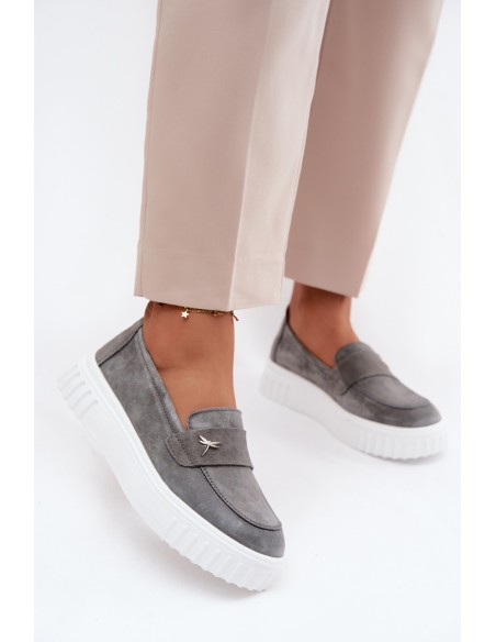 Leather Suede Women's Platform Loafers Slip-On Vinceza 93218 Dark Gray