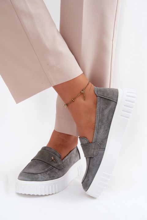 Leather Suede Women's Platform Loafers Slip-On Vinceza 93218 Dark Gray