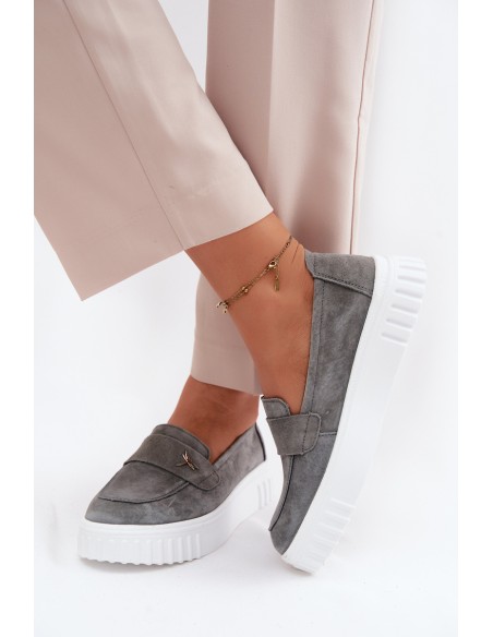 Leather Suede Women's Platform Loafers Slip-On Vinceza 93218 Dark Gray