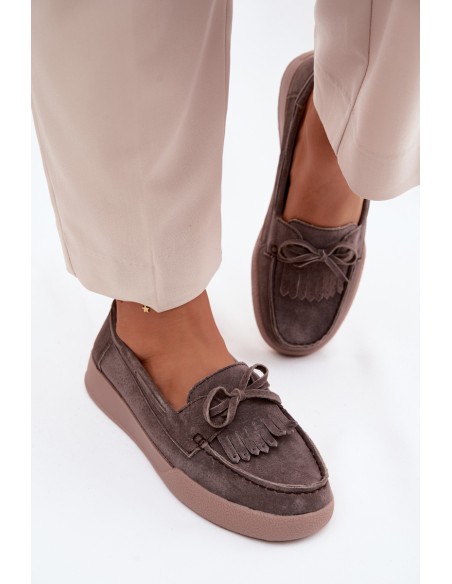 Women's Suede Loafers With Bow And Fringes Vinceza 93223 Brown