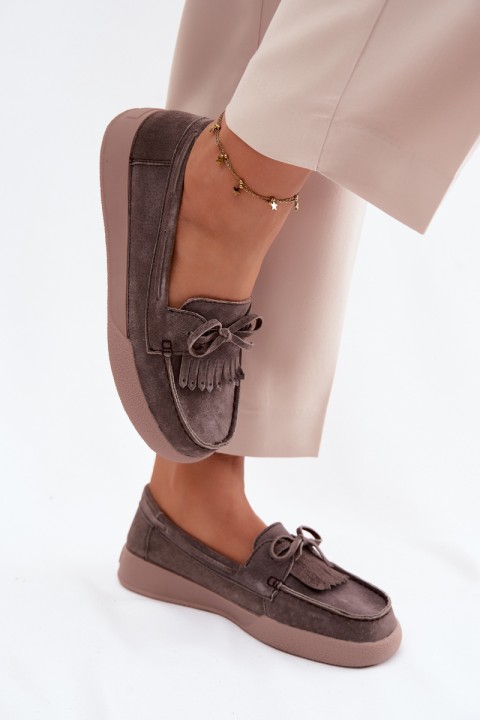 Women's Suede Loafers With Bow And Fringes Vinceza 93223 Brown