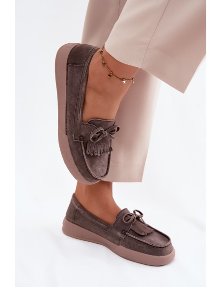 Women's Suede Loafers With Bow And Fringes Vinceza 93223 Brown