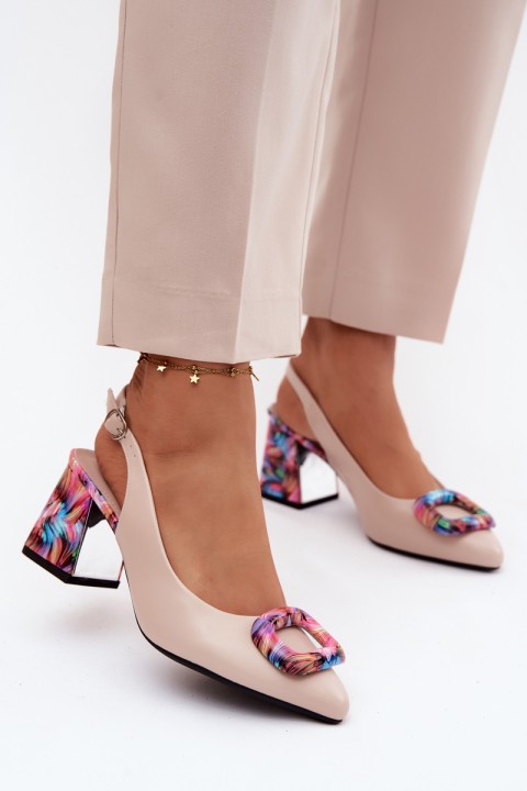 Women's Block Heel Sandals With Decorative Clasp Vinceza 62289 Beige