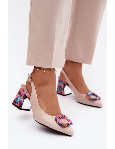 Women's Block Heel Sandals With Decorative Clasp Vinceza 62289 Beige