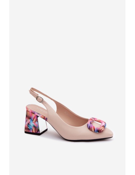 Women's Block Heel Sandals With Decorative Clasp Vinceza 62289 Beige