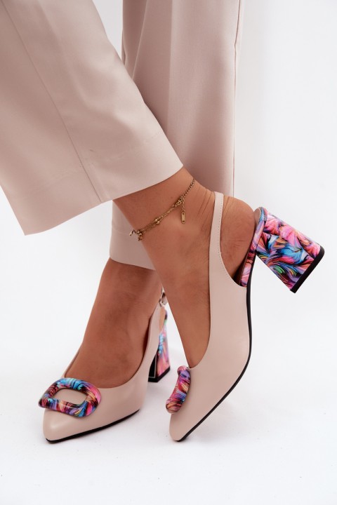 Women's Block Heel Sandals With Decorative Clasp Vinceza 62289 Beige