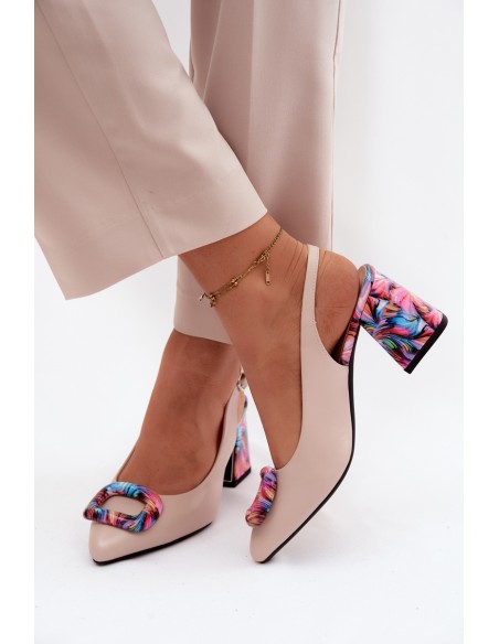 Women's Block Heel Sandals With Decorative Clasp Vinceza 62289 Beige