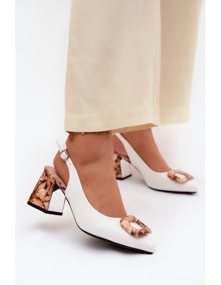 Women's Block Heel Sandals With Decorative Buckle Vinceza 62289 White