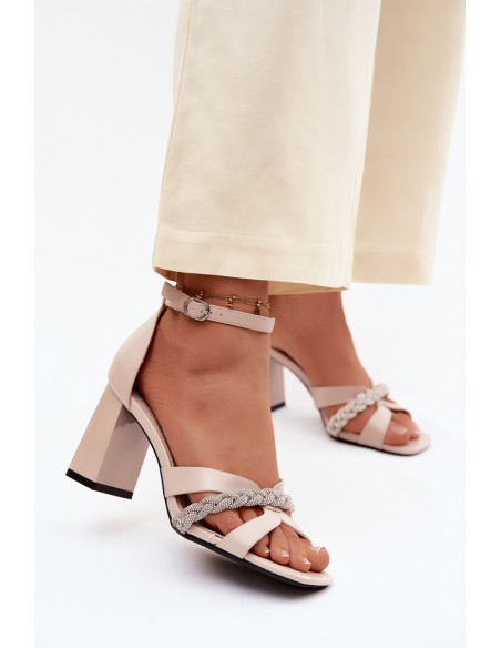 Women's Block Heel Sandals with Strap and Rhinestones Vinceza Beige