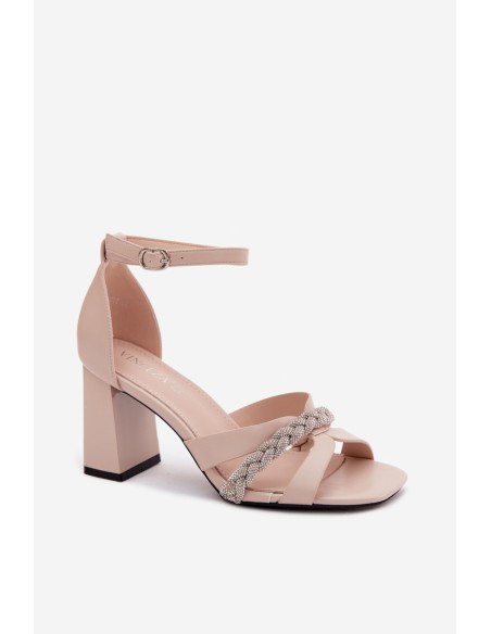 Women's Block Heel Sandals with Strap and Rhinestones Vinceza Beige