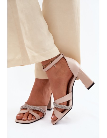 Women's Block Heel Sandals with Strap and Rhinestones Vinceza Beige