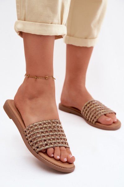 Women's Flat Rhinestone Brown Fendi Slides