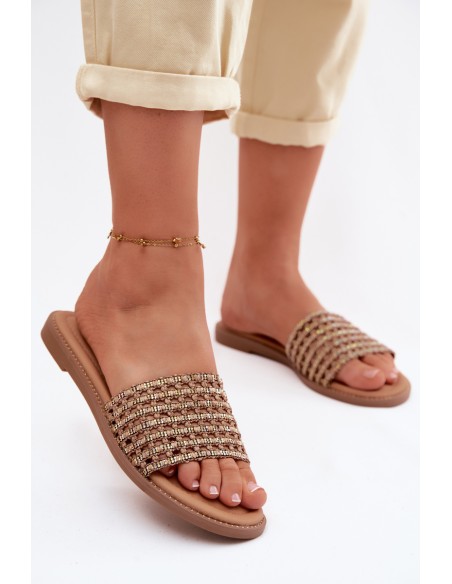 Women's Flat Rhinestone Brown Fendi Slides