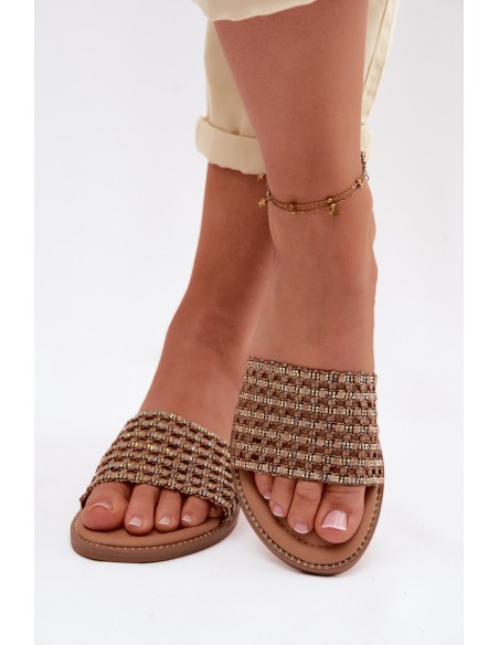 Women's Flat Rhinestone Brown Fendi Slides