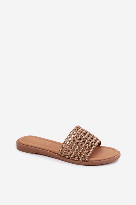 Women's Flat Rhinestone Brown Fendi Slides
